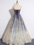 Blue tulle lace long prom dress blue tulle formal dress HZ1024