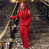 Sexy Mermaid Halter Red Sequin Long Prom Dress With Gloves HZ1024