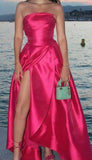 Pretty A line Strapless Hot Pink Slit Satin Prom Dresses Formal Evening Dress HZ1024