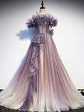 Purple tulle sequin long prom dress purple evening dress HZ1024