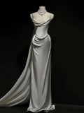 Vintage Mermaid Strapless White Satin Long Wedding Dresses With Ruffles HZ1024