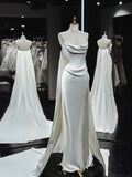Vintage Mermaid Strapless White Satin Long Wedding Dresses With Ruffles HZ1024