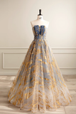 Ball Gown Strapless Floor Length Blue Long Prom Dresses Sweet 16 Dress HZ1024