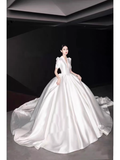 Vintage Ball Gown V neckline White Satin Long Wedding Dresses HZ1024