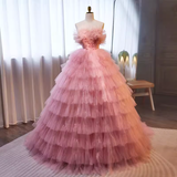 Vintage Ball Gown Strapless Tulle Ruffles Pink Sweet 16 Dresses HZ1024