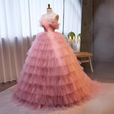 Vintage Ball Gown Strapless Tulle Ruffles Pink Sweet 16 Dresses HZ1024