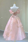 Modest A line Straps Pink Lace Ankle Length Prom Dress HZ1024