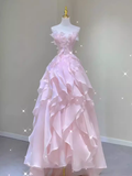 Fairy A Line Sleeveless Pink Long Floral Prom Dress HZ1024