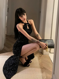 Charming Mermaid Halter Black Sequin Long Slit Prom Dress HZ1024