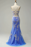 Charming Mermaid Straps Tulle Blue Lace Slit Long Prom Dress HZ1024