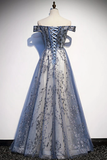 Charming A Line Off The Shoulder Blue Sequin Long Prom Dress HZ1024
