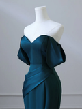 Simple Off Shoulder Satin Ink Blue Long Prom Dress HZ1024