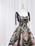 Black Satin Straps A-line Floral Long Formal Dress Prom Dress HZ1024