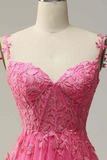 Modest A line Straps Pink Lace Slit Prom Dress Evening Dresses HZ1024