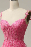 Modest A line Straps Pink Lace Slit Prom Dress Evening Dresses HZ1024