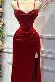 Chic Sheath Spaghetti Straps Long Satin Elegant Red Prom Dress With Beads HZ1024