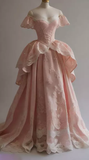 Retro Ball Gown Off The Shoulder Pink Satin Lace Long Prom Dress HZ1024