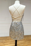 V Neck Lace-Up Sequins Tight Homecoming Dress with Tassels HZ1024