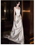 Vintage Sheath Sleeveless White Satin Wedding Dresses HZ1024