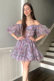 Cute A Line Off the Shoulder Printed Homecoming Dress Party Dress HZ1024