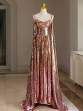 Sexy A Line Straps Neckline Long Sleeves Sequin Long Prom Dress HZ1024