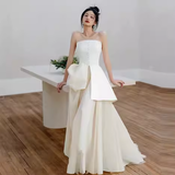 Vintage A Line Strapless Slit White Satin Wedding Dresses HZ1024