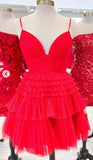 Straps V-neck Sparkly Tulle Homecoming Dress With Tiered Ruffle Skirt and Ruched Bodice Birthday Outfits HZ1024