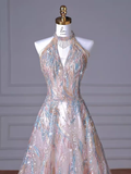 Sexy A line High Neckline Sequin Long Evening Dress Beading Prom Dress HZ1024