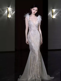 Sexy Mermaid Straps Sequin Long Evening Dress Feather Prom Dress HZ1024