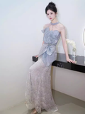 Sexy Mermaid High Neckline Sequin Long Evening Dress Beads Prom Dress HZ1024