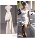 Vintage High Low Off The Shoulder Straps White Satin Wedding Dresses HZ1024