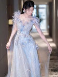 Fairytale A line Straps Sequin Beads Long Evening Dress Prom Dresses With Flowers HZ1024