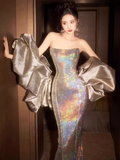 Sexy Mermaid Strapless Sequin Long Prom Dresses With Sleeves HZ1024