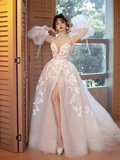 Vintage A Line Strapless Lace White Wedding Dress With Slit HZ1024