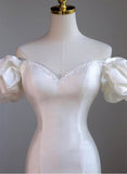 White Mermaid Hi Lo Satin Beading Wedding Dress HZ1024