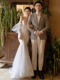 Vintage Mermaid Strapless White Lace Wedding Dress HZ1024
