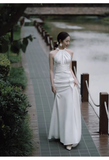 Vintage Sheath Halter Satin White Backless Wedding Dresses HZ1024