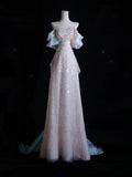 Pretty A line Off The Shoulder Pink Long Prom Dresses Sequin Birthday Outfits HZ1024