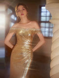 Sexy Sheath Off The Shoulder Gold Sequin Long Prom Dresses HZ1024