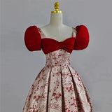 Elegant Ball Gown Puffy Sleeves Satin Red Long Prom Dresses HZ1024