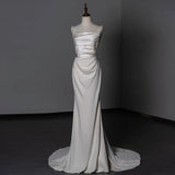 Timeless Sheath Straps Long Satin White Wedding Dresses With Beads HZ1024