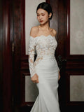 Unique Mermaid Off The Shoulder Lace Long Sleeves White Wedding Dresses HZ1024