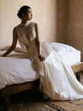 Unique A line High Neckline Chiffon Long Pearls White Wedding Dresses With Ruffles HZ1024