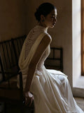 Unique A line High Neckline Chiffon Long Pearls White Wedding Dresses With Ruffles HZ1024
