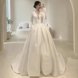 Unique A line V Neckline Long Sleeves Satin White Wedding Dresses HZ1024