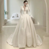 Unique A line V Neckline Long Sleeves Satin White Wedding Dresses HZ1024