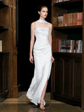 Unique Sheath Strapless Satin Slit White Wedding Dresses With Ribbon HZ1024