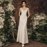 Unique Sheath Straps Satin Long White Slit Wedding Dresses HZ1024