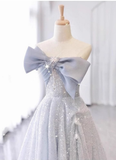 Modest A line Strapless Neckline Gray Sequin Long Prom Dress Evening Dresses HZ1024