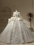 Unique Ball Gown High Neckline Sequin Lace Long White Wedding Dresses HZ1024